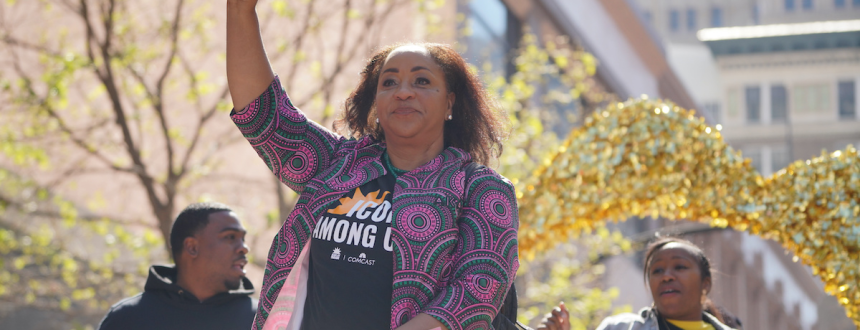 LaNiece Jones (front), executive director of Peralta Colleges Foundation, was honored at Oakland’s Black Joy Parade in February. Credit: Don Feria/Comcast 
